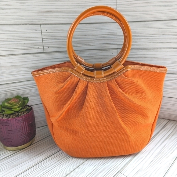 Neiman Marcus Vintage Canvas Mini Tote Bag with Round Handles in Orange - Picture 4 of 8